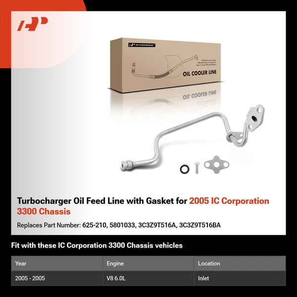 Turbocharger Oil Feed Line with Gasket for 2005 IC Corporation 3300 Chassis
