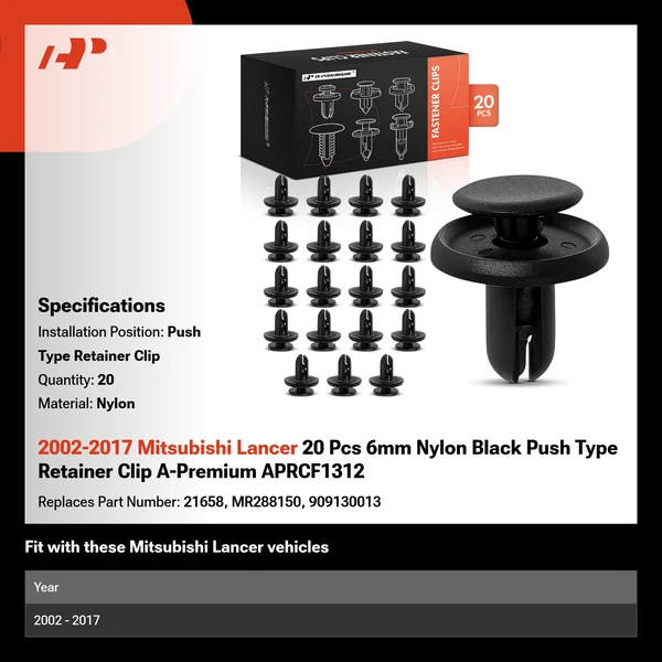2002-2017 Mitsubishi Lancer 20 Pcs 6mm Nylon Black Push Type Retainer Clip A-Premium APRCF1312