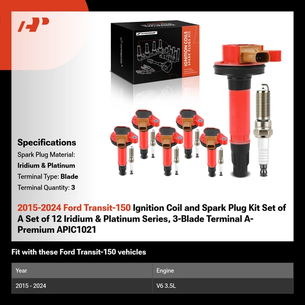 2015-2024 Ford Transit-150 Ignition Coil and Spark Plug Kit Set of A Set of 12 Iridium & Platinum Series, 3-Blade Terminal A-Premium APIC1021