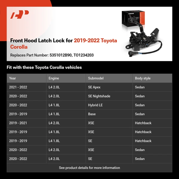 Front Hood Latch Lock for 2019-2022 Toyota Corolla