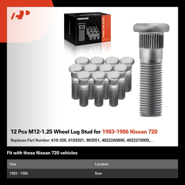 12 Pcs M12-1.25 Wheel Lug Stud for 1983-1986 Nissan 720