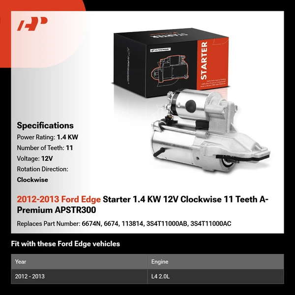 2012-2013 Ford Edge Starter 1.4 KW 12V Clockwise 11 Teeth A-Premium APSTR300
