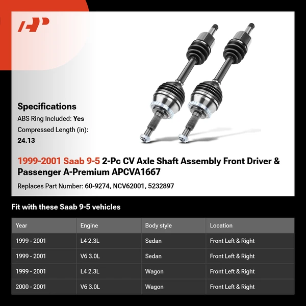 1999-2001 Saab 9-5 2-Pc CV Axle Shaft Assembly Front Driver & Passenger A-Premium APCVA1667