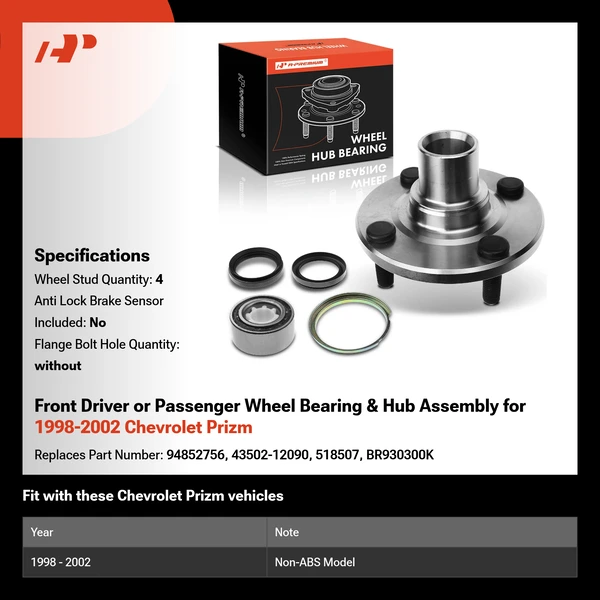 Front Driver or Passenger Wheel Bearing & Hub Assembly for 1998-2002 Chevrolet Prizm