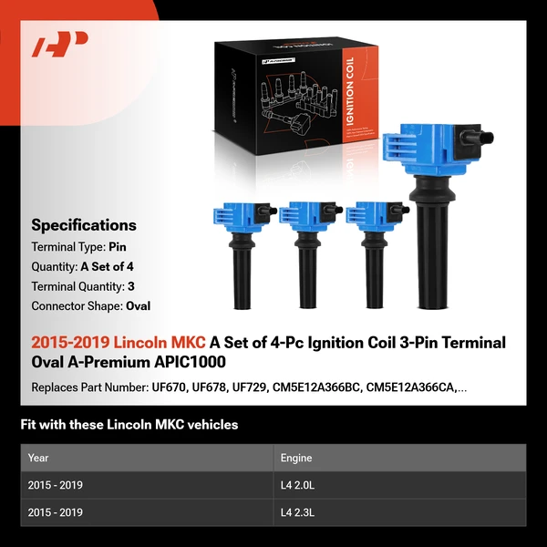 2015-2019 Lincoln MKC A Set of 4-Pc Ignition Coil 3-Pin Terminal Oval A-Premium APIC1000