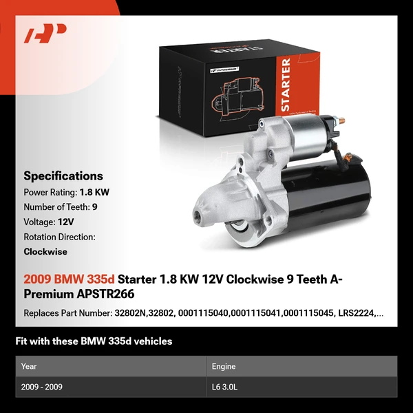 2009 BMW 335d Starter 1.8 KW 12V Clockwise 9 Teeth A-Premium APSTR266