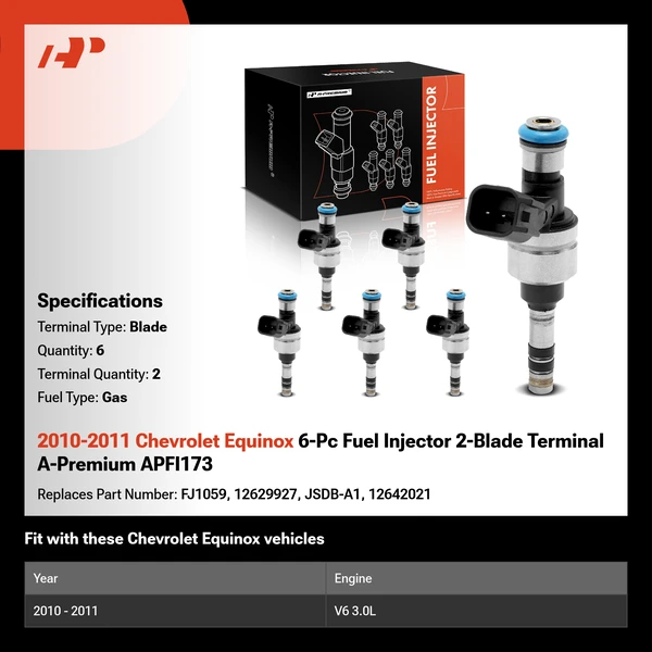 2010-2011 Chevrolet Equinox 6-Pc Fuel Injector 2-Blade Terminal A-Premium APFI173