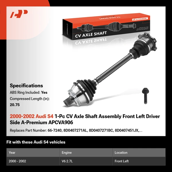 2000-2002 Audi S4 1-Pc CV Axle Shaft Assembly Front Left Driver Side A-Premium APCVA906