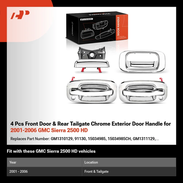 4 Pcs Front Door & Rear Tailgate Chrome Exterior Door Handle  for 2001-2006 GMC Sierra 2500 HD