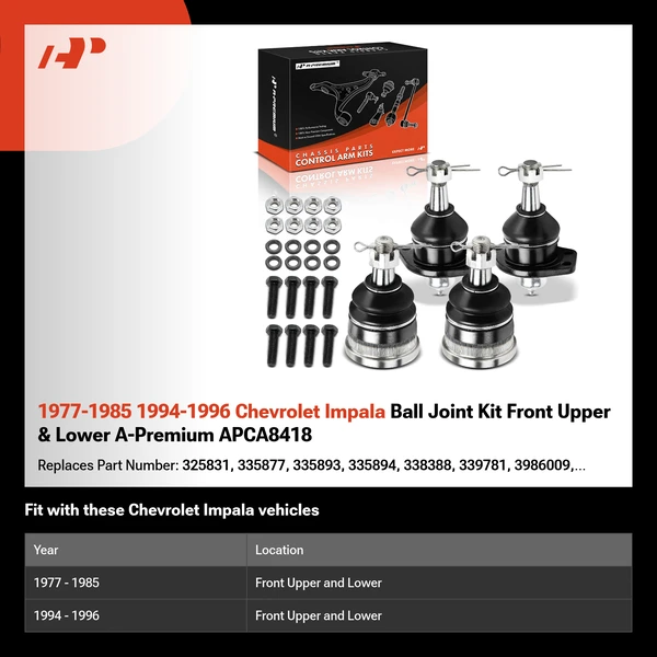 1977-1985 1994-1996 Chevrolet Impala Ball Joint Kit Front Upper & Lower A-Premium APCA8418