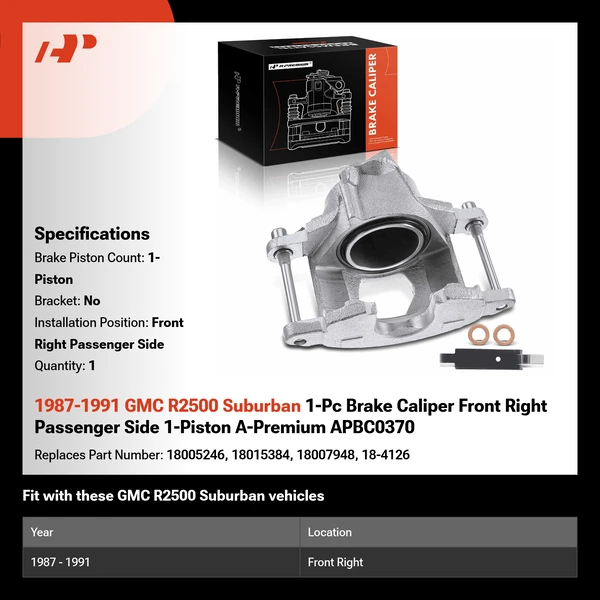 1987-1991 GMC R2500 Suburban 1-Pc Brake Caliper Front Right Passenger Side 1-Piston A-Premium APBC0370