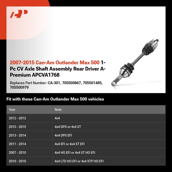 2007-2015 Can-Am Outlander Max 500 1-Pc CV Axle Shaft Assembly Rear Driver A-Premium APCVA1768