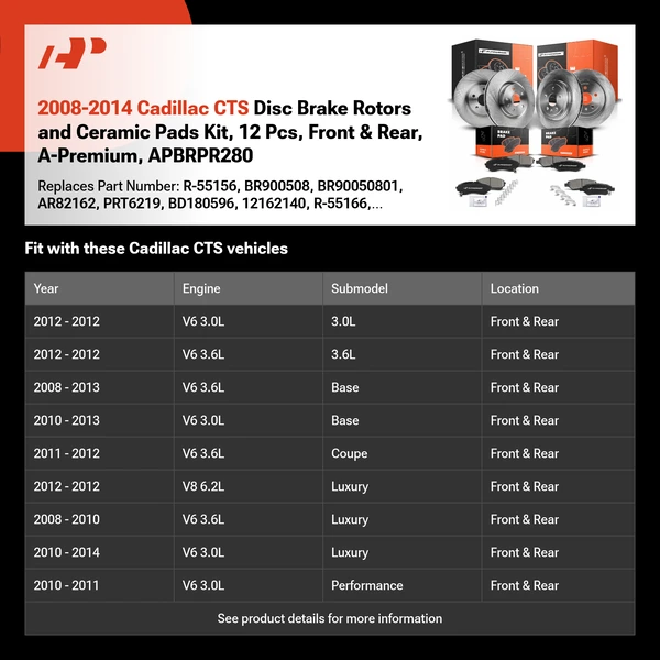 2008-2014 Cadillac CTS Disc Brake Rotors and Ceramic Pads Kit, 12 Pcs, Front & Rear, A-Premium, APBRPR280