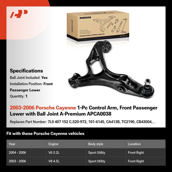 2003-2006 Porsche Cayenne 1-Pc Control Arm, Front Passenger Lower with Ball Joint A-Premium APCA0038