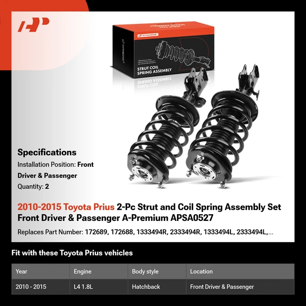 2010-2015 Toyota Prius 2-Pc Strut and Coil Spring Assembly Set Front Driver & Passenger A-Premium APSA0527