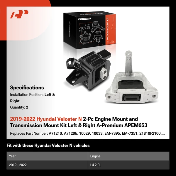 2019-2022 Hyundai Veloster N 2-Pc Engine Mount and Transmission Mount Kit Left & Right A-Premium APEM653