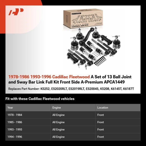 1978-1986 1993-1996 Cadillac Fleetwood A Set of 13 Ball Joint and Sway Bar Link Full Kit Front Side A-Premium APCA1449