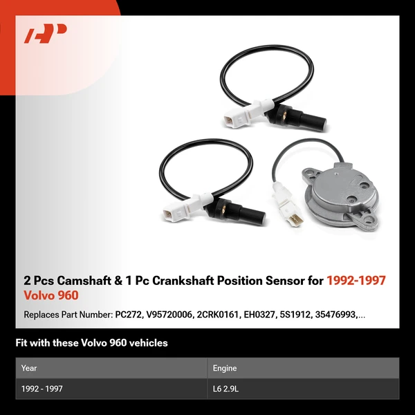 2 Pcs Camshaft & 1 Pc Crankshaft Position Sensor for 1992-1997 Volvo 960