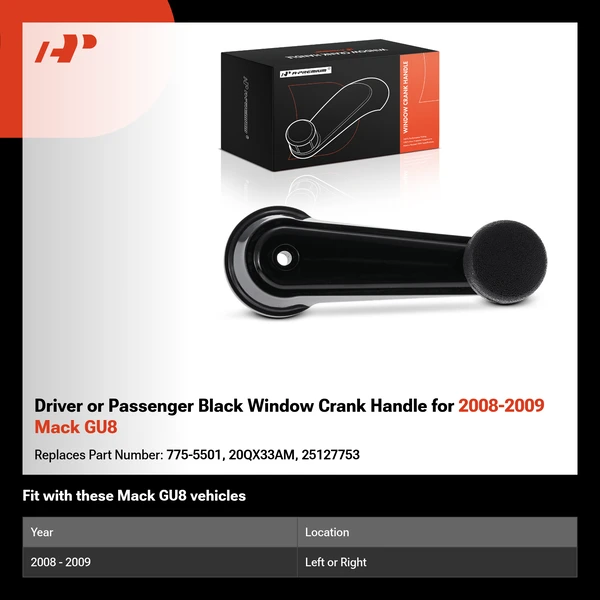 Driver or Passenger Black Window Crank Handle for 2008-2009 Mack GU8