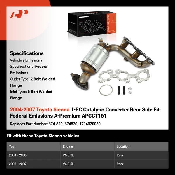 2004-2007 Toyota Sienna 1-PC Catalytic Converter Rear Side Fit Federal Emissions A-Premium APCCT161