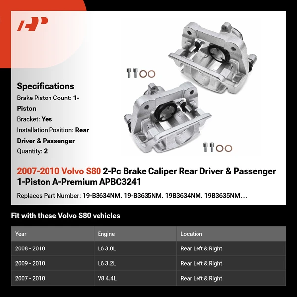 2007-2010 Volvo S80 2-Pc Brake Caliper Rear Driver & Passenger 1-Piston A-Premium APBC3241