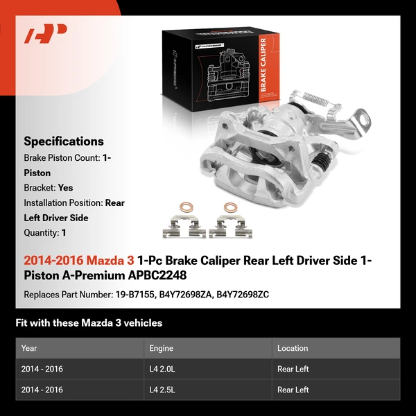 2014-2016 Mazda 3 1-Pc Brake Caliper Rear Left Driver Side 1-Piston A-Premium APBC2248