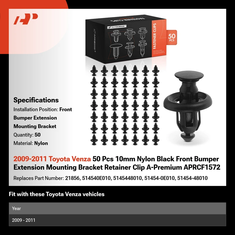 2009-2011 Toyota Venza 50 Pcs 10mm Nylon Black Front Bumper Extension Mounting Bracket Retainer Clip A-Premium APRCF1572