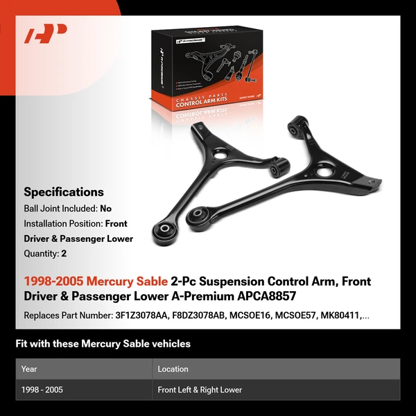 1998-2005 Mercury Sable 2-Pc Suspension Control Arm, Front Driver & Passenger Lower A-Premium APCA8857