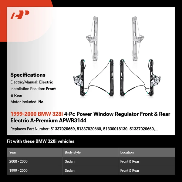 1999-2000 BMW 328i 4-Pc Power Window Regulator Front & Rear Electric A-Premium APWR3144