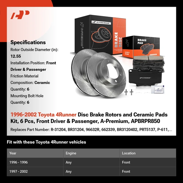 1996-2002 Toyota 4Runner Disc Brake Rotors and Ceramic Pads Kit, 6 Pcs, Front Driver & Passenger, A-Premium, APBRPR850