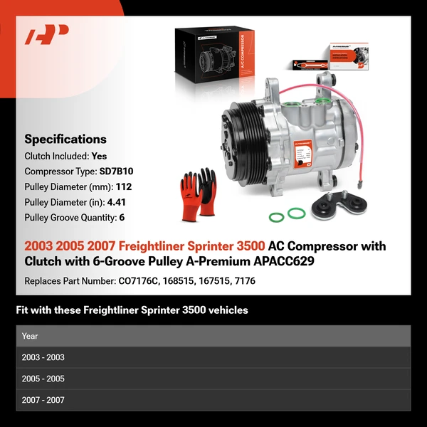 2003 2005 2007 Freightliner Sprinter 3500 AC Compressor with Clutch with 6-Groove Pulley A-Premium APACC629