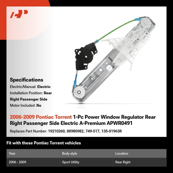 2006-2009 Pontiac Torrent 1-Pc Power Window Regulator Rear Right Passenger Side Electric A-Premium APWR0491