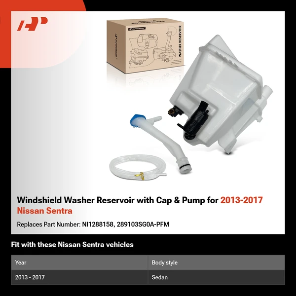 Windshield Washer Reservoir with Cap & Pump for 2013-2017 Nissan Sentra