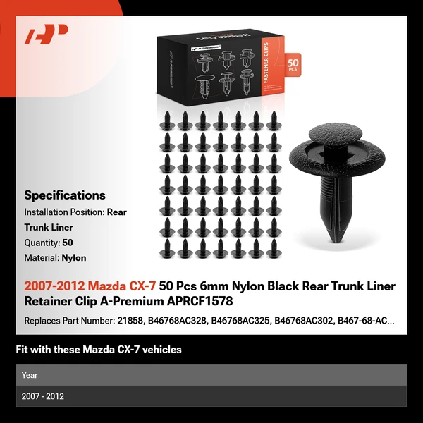 2007-2012 Mazda CX-7 50 Pcs 6mm Nylon Black Rear Trunk Liner Retainer Clip A-Premium APRCF1578