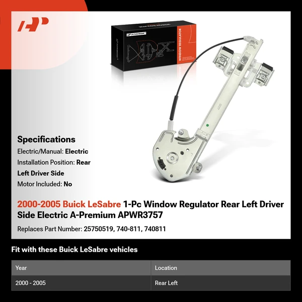 2000-2005 Buick LeSabre 1-Pc Window Regulator Rear Left Driver Side Electric A-Premium APWR3757
