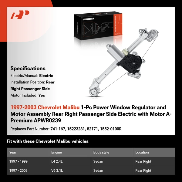 1997-2003 Chevrolet Malibu 1-Pc Power Window Regulator and Motor Assembly Rear Right Passenger Side Electric with Motor A-Premium APWR0239