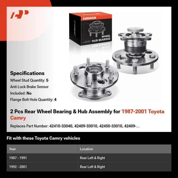 2 Pcs Rear Wheel Bearing & Hub Assembly for 1987-2001 Toyota Camry