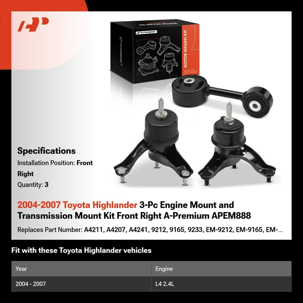 2004-2007 Toyota Highlander 3-Pc Engine Mount and Transmission Mount Kit Front Right A-Premium APEM888