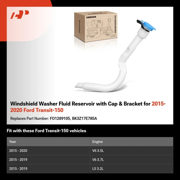 Windshield Washer Fluid Reservoir with Cap & Bracket for 2015-2020 Ford Transit-150