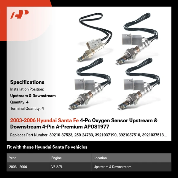 2003-2006 Hyundai Santa Fe 4-Pc Oxygen Sensor Upstream & Downstream 4-Pin A-Premium APOS1977
