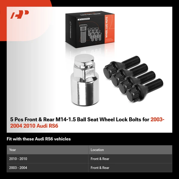 5 Pcs Front & Rear M14-1.5 Ball Seat Wheel Lock Bolts for 2003-2004 2010 Audi RS6