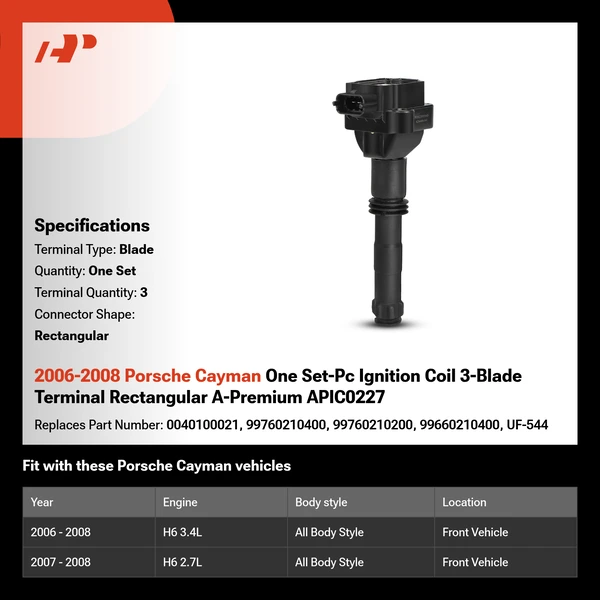 2006-2008 Porsche Cayman One Set-Pc Ignition Coil 3-Blade Terminal Rectangular A-Premium APIC0227