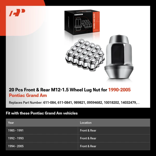 20 Pcs Front & Rear M12-1.5 Wheel Lug Nut for 1990-2005 Pontiac Grand Am