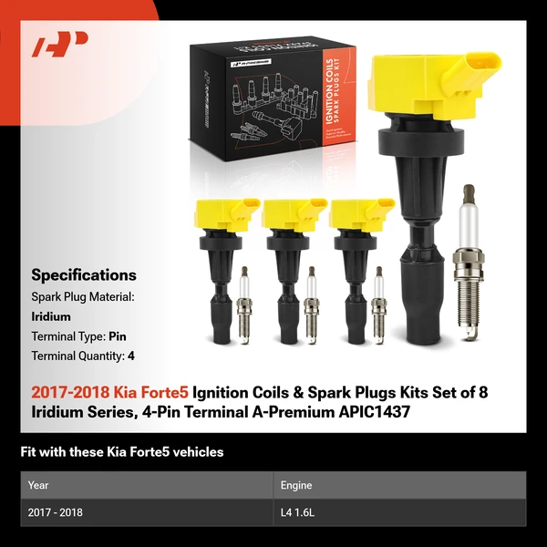 2017-2018 Kia Forte5 Ignition Coils & Spark Plugs Kits Set of 8 Iridium Series, 4-Pin Terminal A-Premium APIC1437