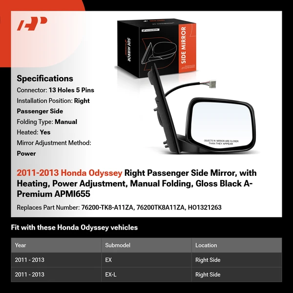 2011-2013 Honda Odyssey Right Passenger Side Mirror, with Heating, Power Adjustment, Manual Folding, Gloss Black A-Premium APMI655