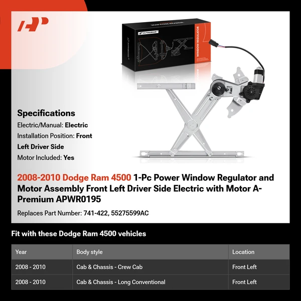 2008-2010 Dodge Ram 4500 1-Pc Power Window Regulator and Motor Assembly Front Left Driver Side Electric with Motor A-Premium APWR0195
