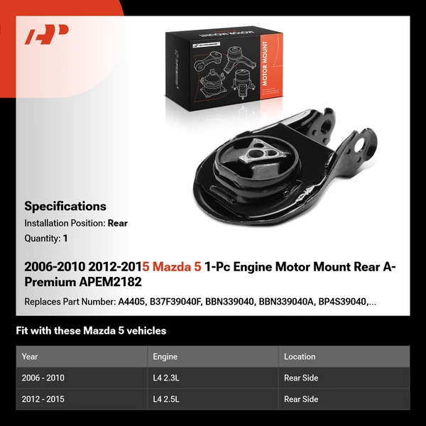 2006-2010 2012-2015 Mazda 5 1-Pc Engine Motor Mount Rear A-Premium APEM2182