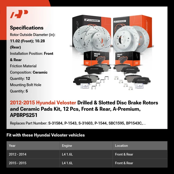 2012-2015 Hyundai Veloster Drilled & Slotted Disc Brake Rotors and Ceramic Pads Kit, 12 Pcs, Front & Rear, A-Premium, APBRPS251