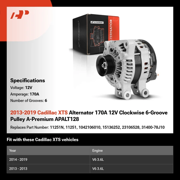 2013-2019 Cadillac XTS Alternator 170A 12V Clockwise 6-Groove Pulley A-Premium APALT128