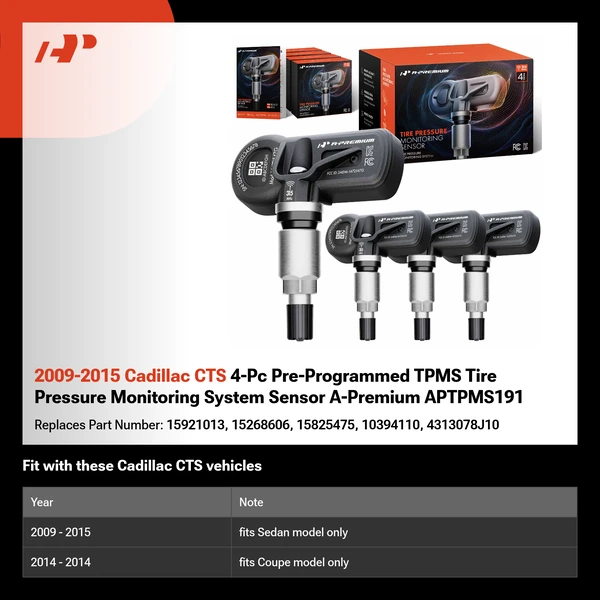 2009-2015 Cadillac CTS 4-Pc Pre-Programmed TPMS Tire Pressure Monitoring System Sensor A-Premium APTPMS191